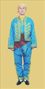 Keçe fes,abani(ahmediye) sal,islemeli cepken,yelek,salvar,sal kusak,gömlek,corap,mendil,deri ayakkabi